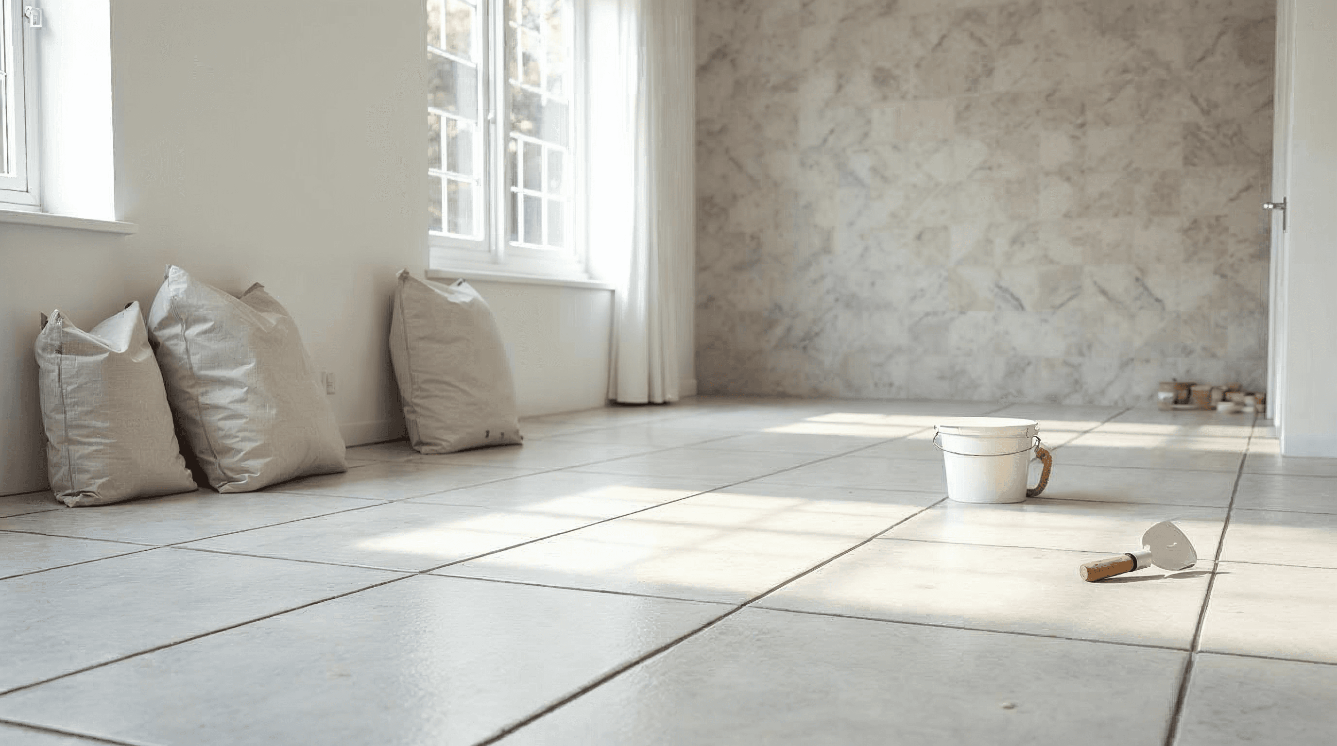 Large-format porcelain tile and mortar staged for installation
