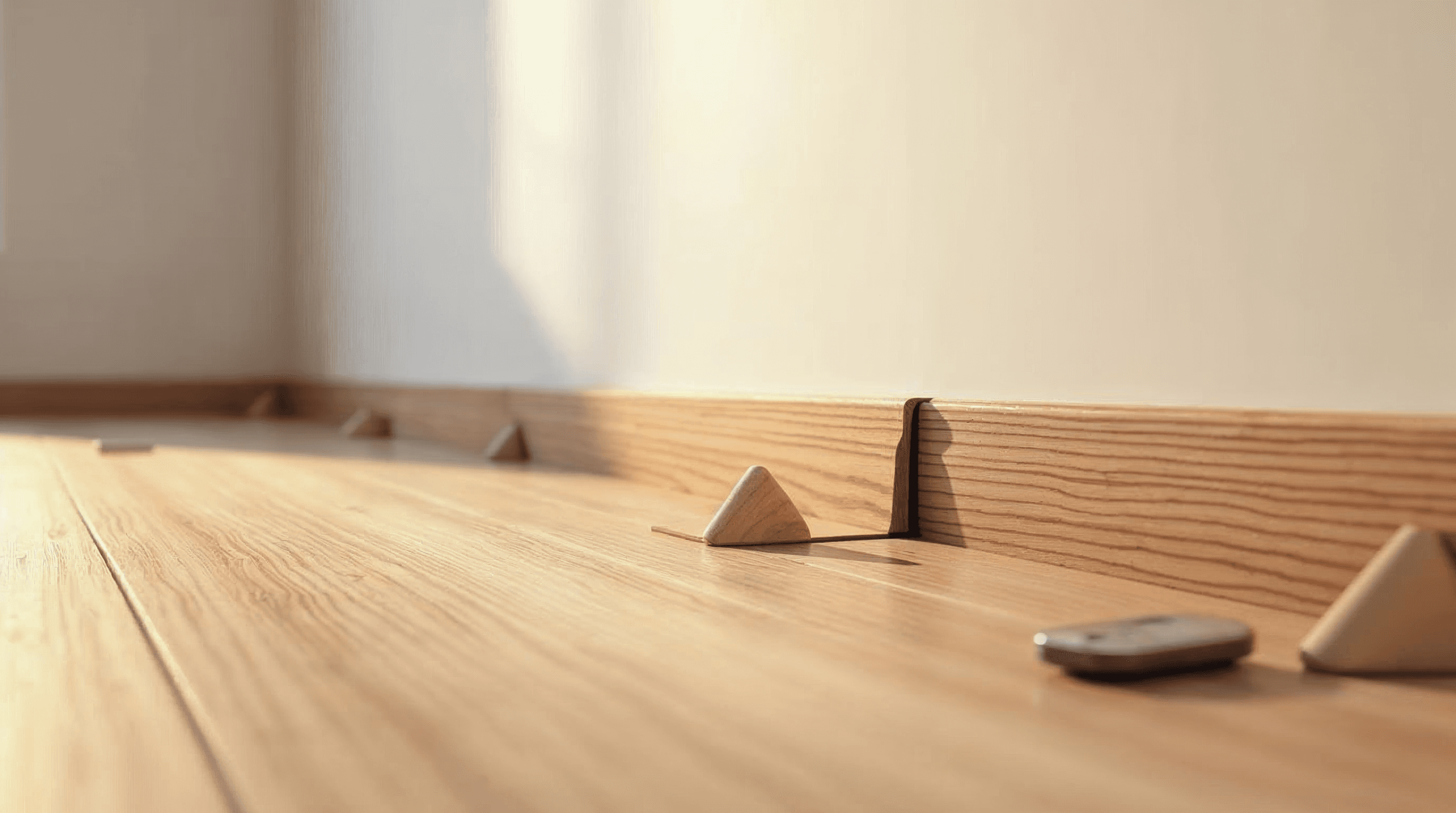 Hardwood floor planks spaced along an unfinished wall