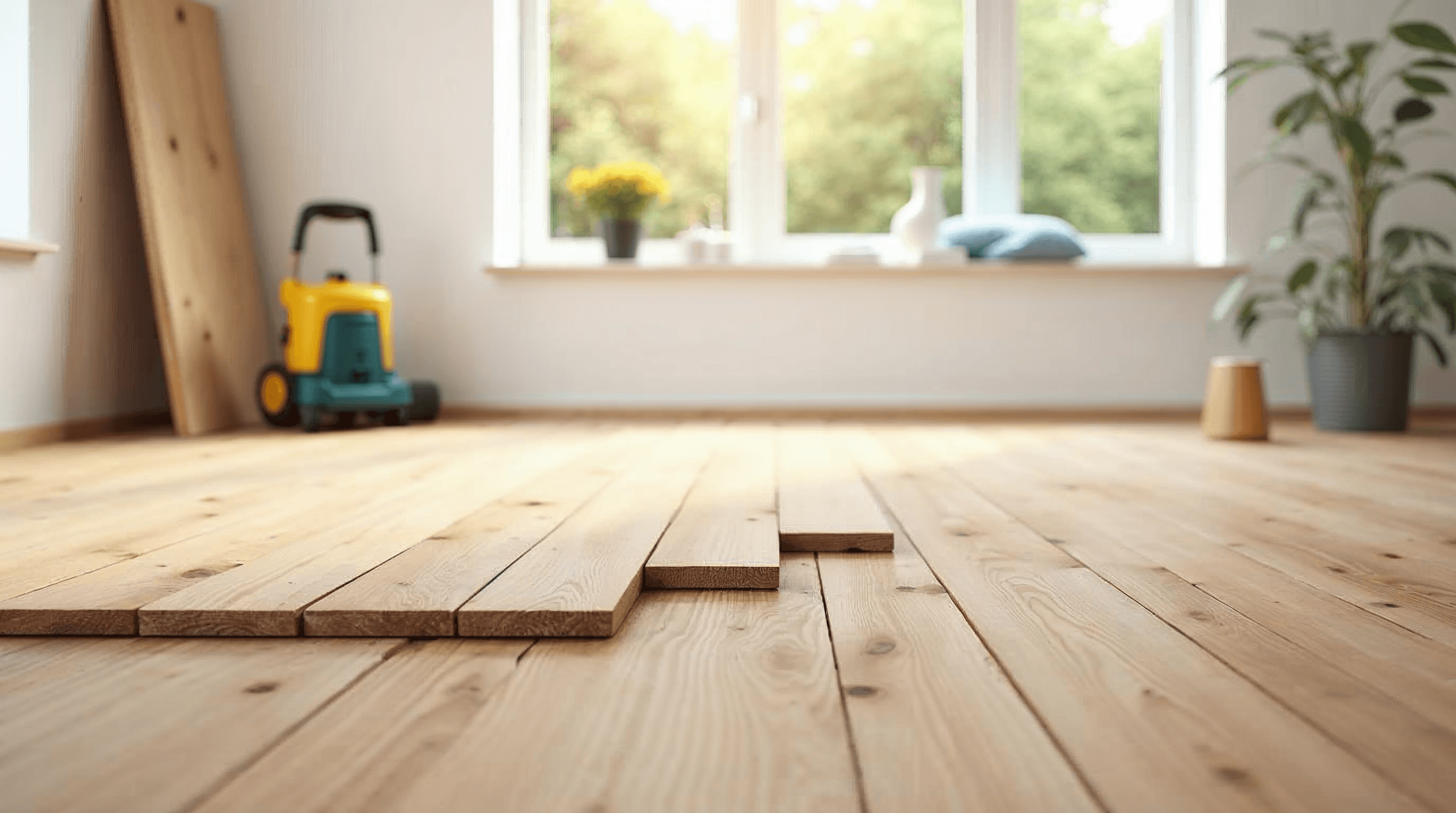 Engineered hardwood planks staged over a prepared subfloor