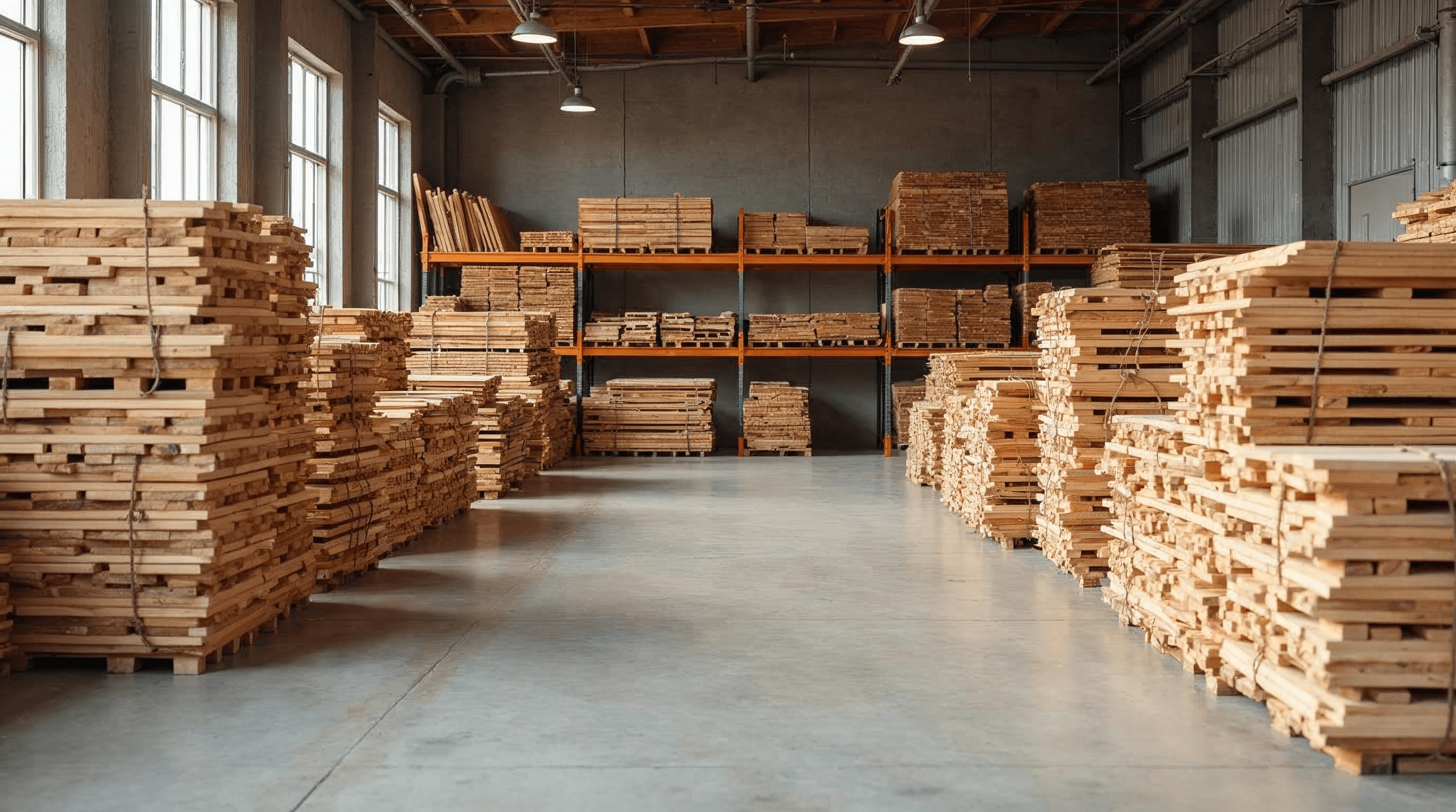 Dimensional lumber stacked in a supply warehouse