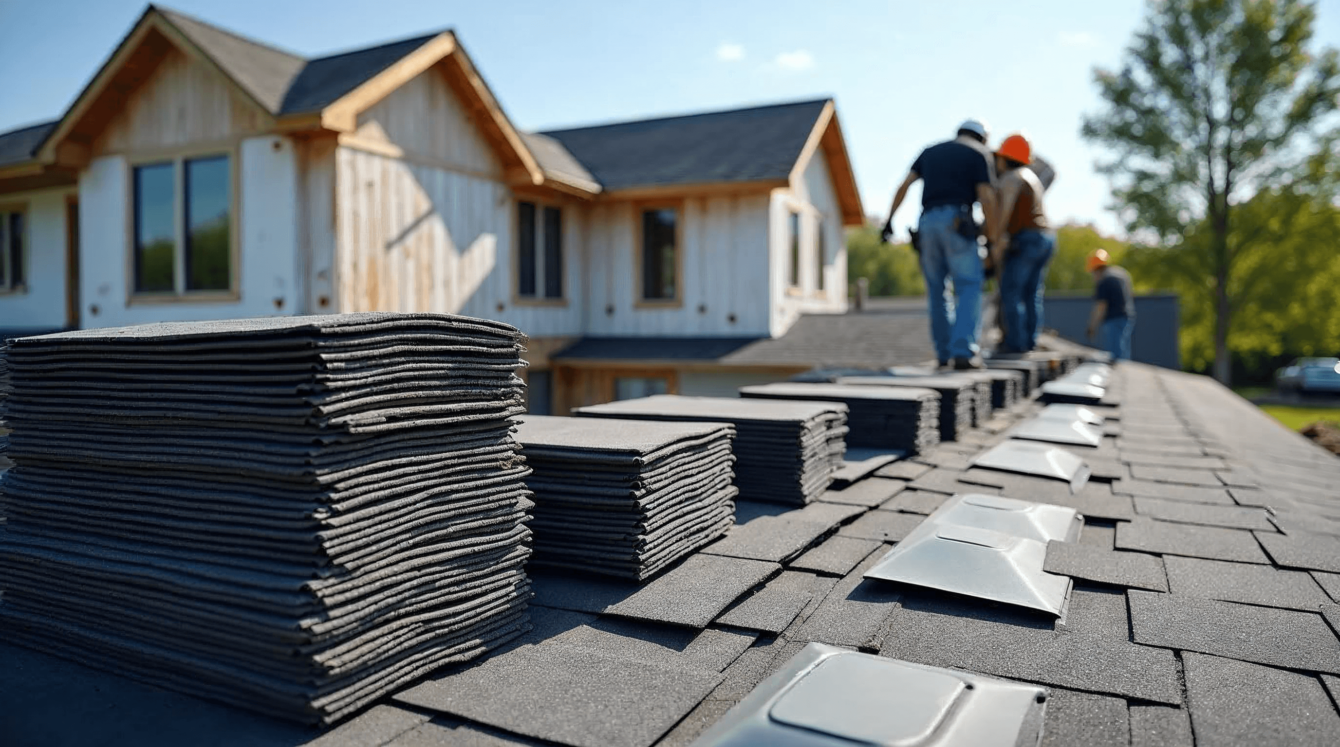 Asphalt roofing system components staged beside a residential roof