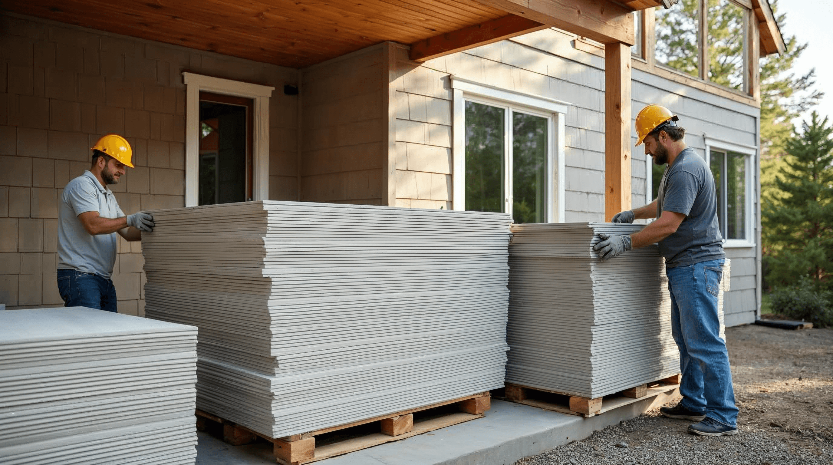 Fiber cement siding stored on pallets at a construction site