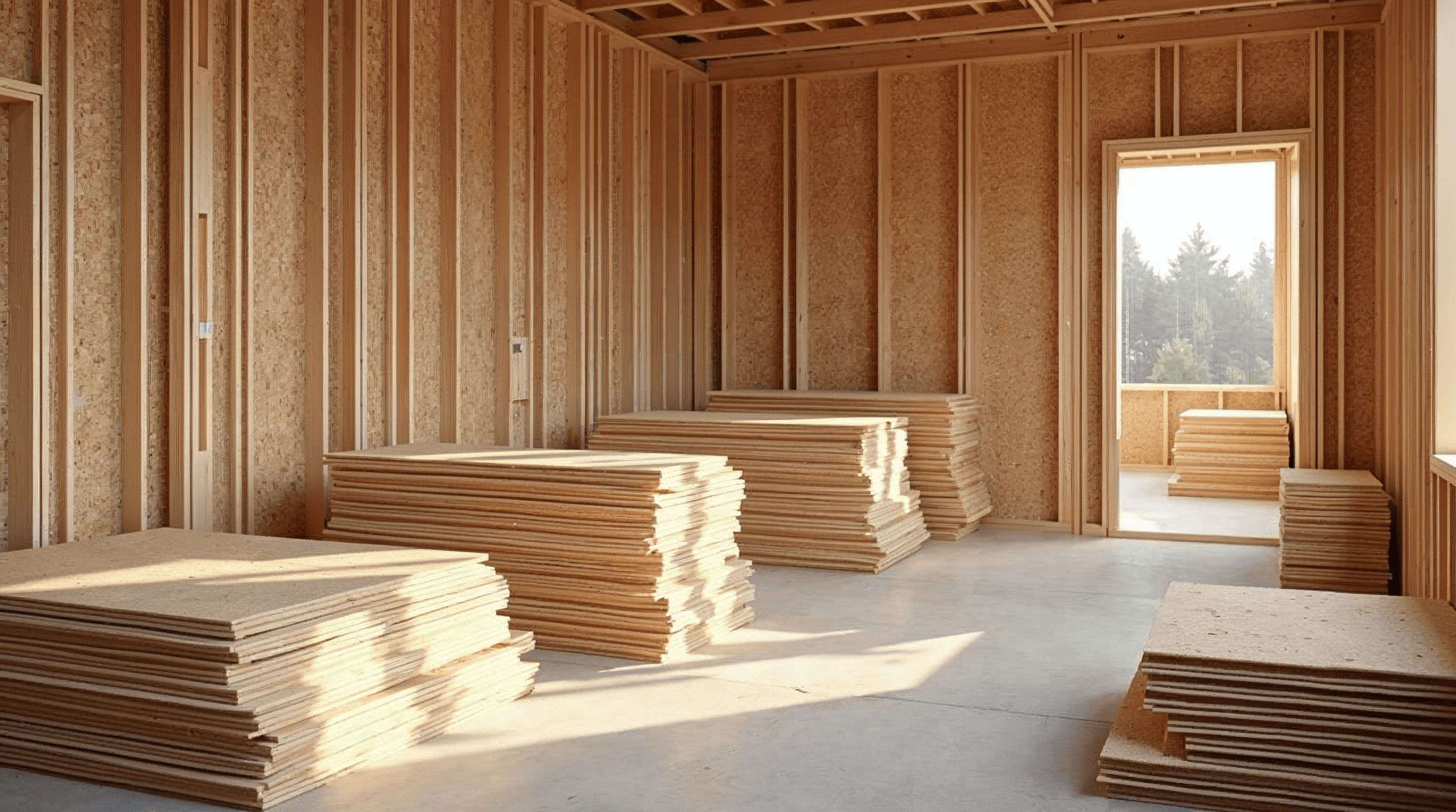 OSB and plywood wall sheathing staged beside framed walls