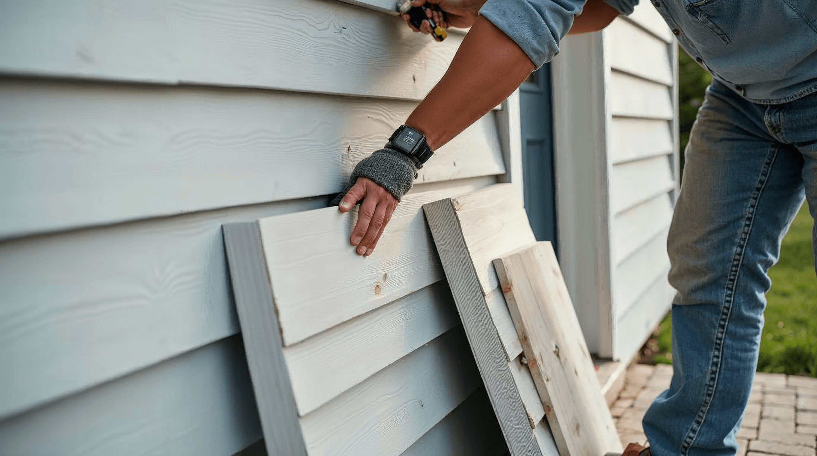 Fiber cement siding plank being replaced on a home exterior