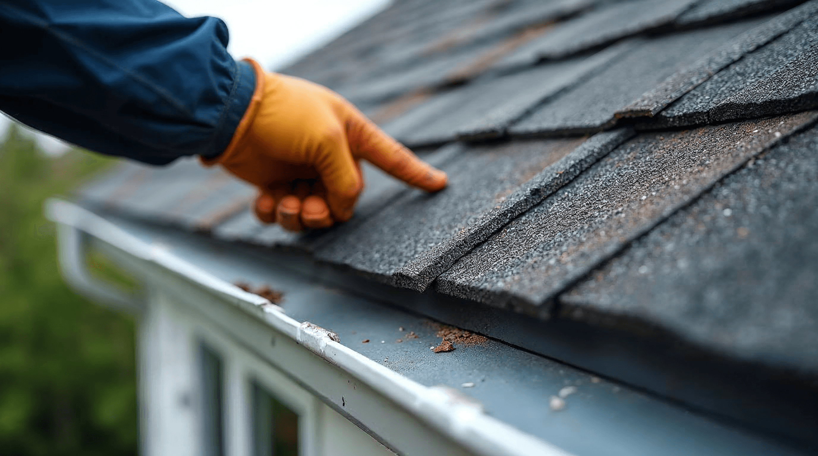 Gloved roofer inspecting granule wear on asphalt shingles