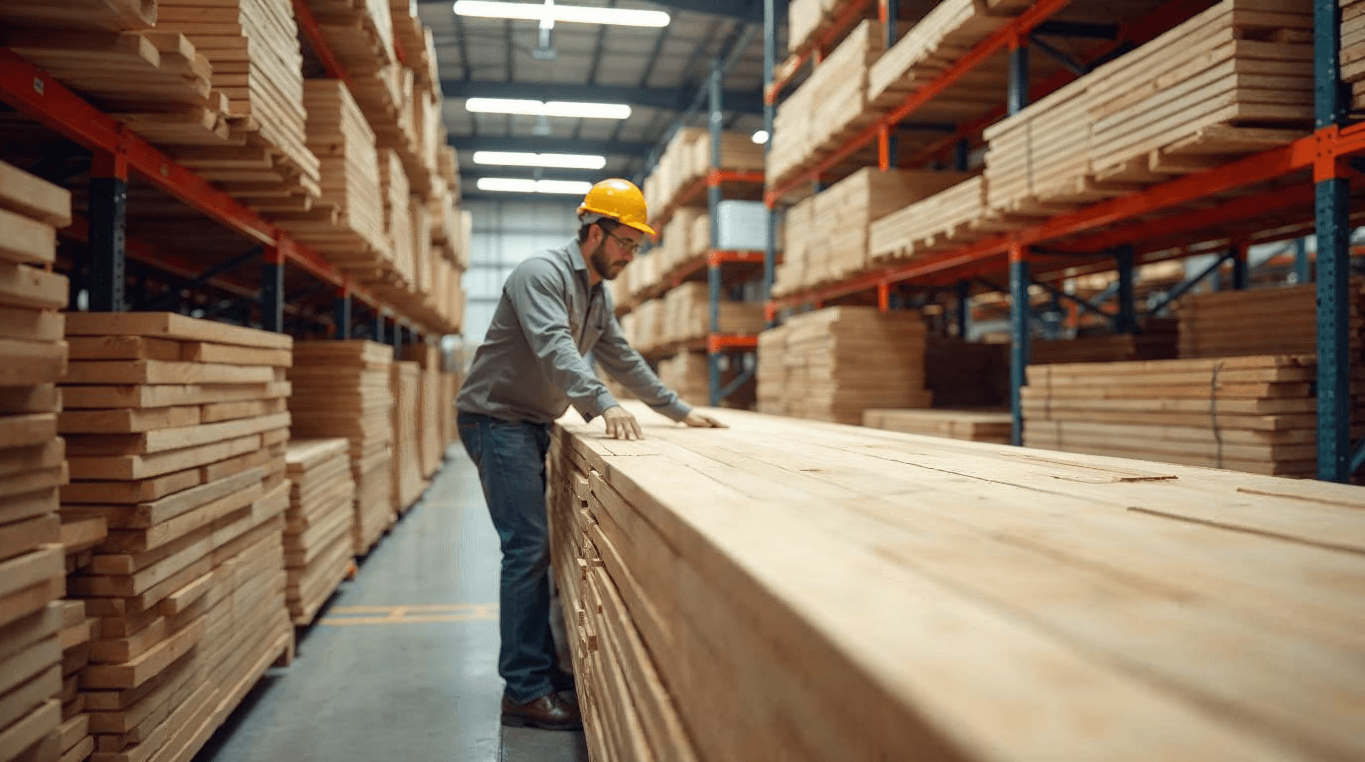 Framing lumber stacked while a carpenter inspects boards