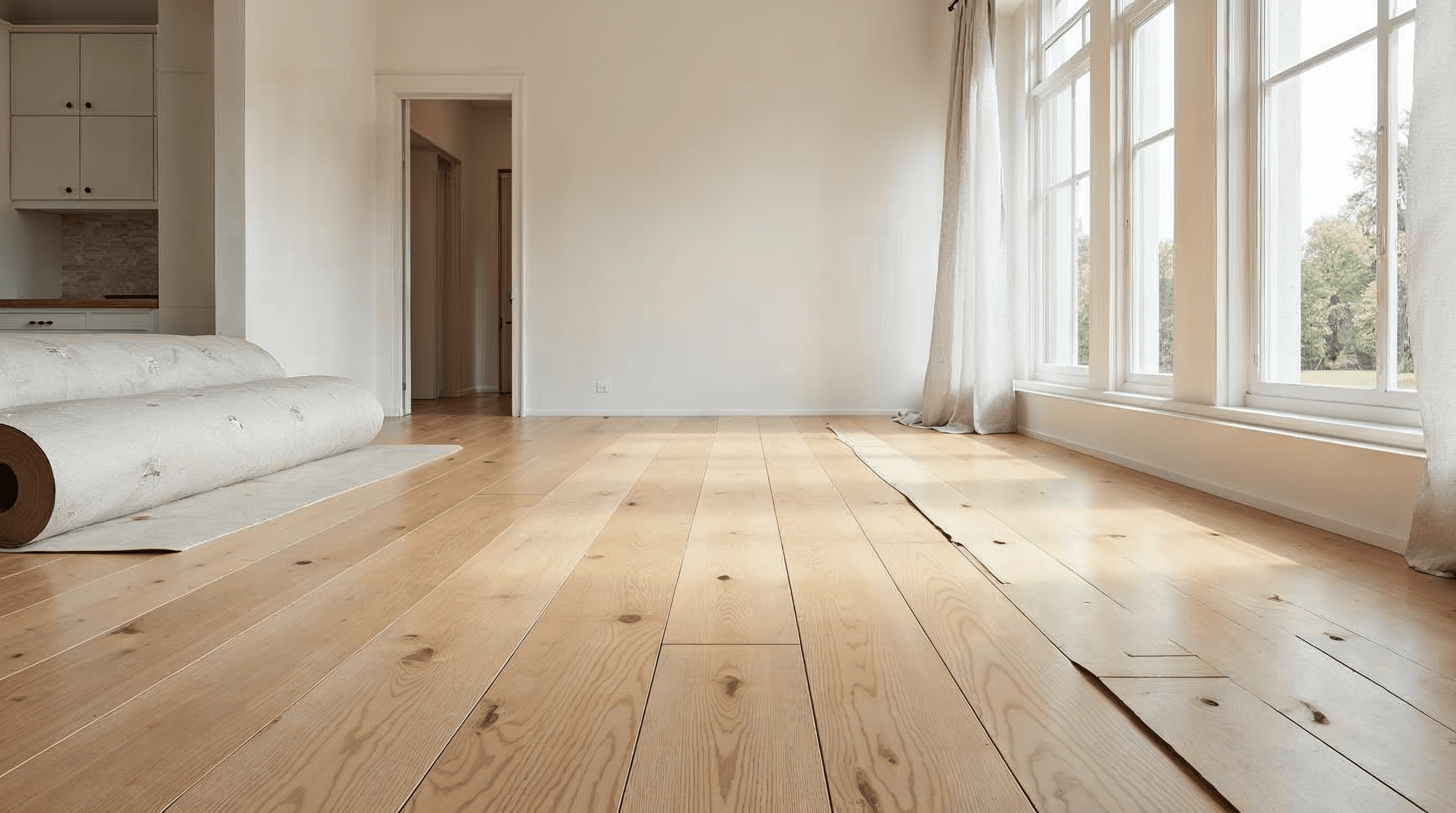 Hardwood flooring planks staged for installation