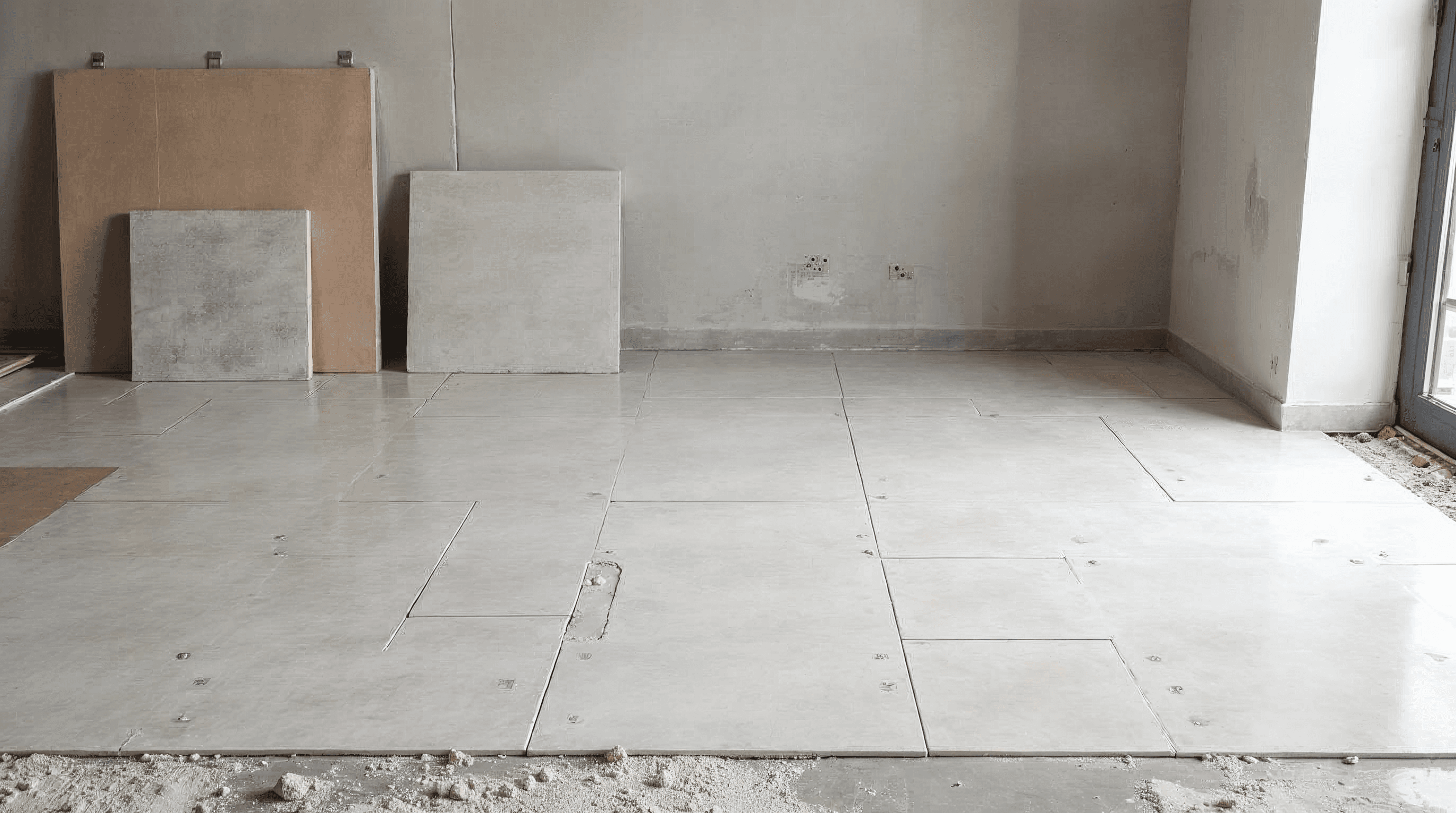 Porcelain floor tiles staged over a prepared concrete slab