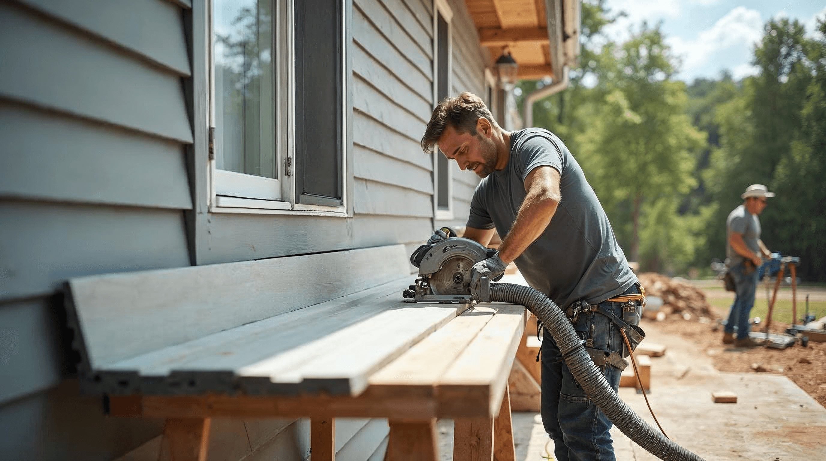 Fiber cement siding cut with a dust-collecting saw