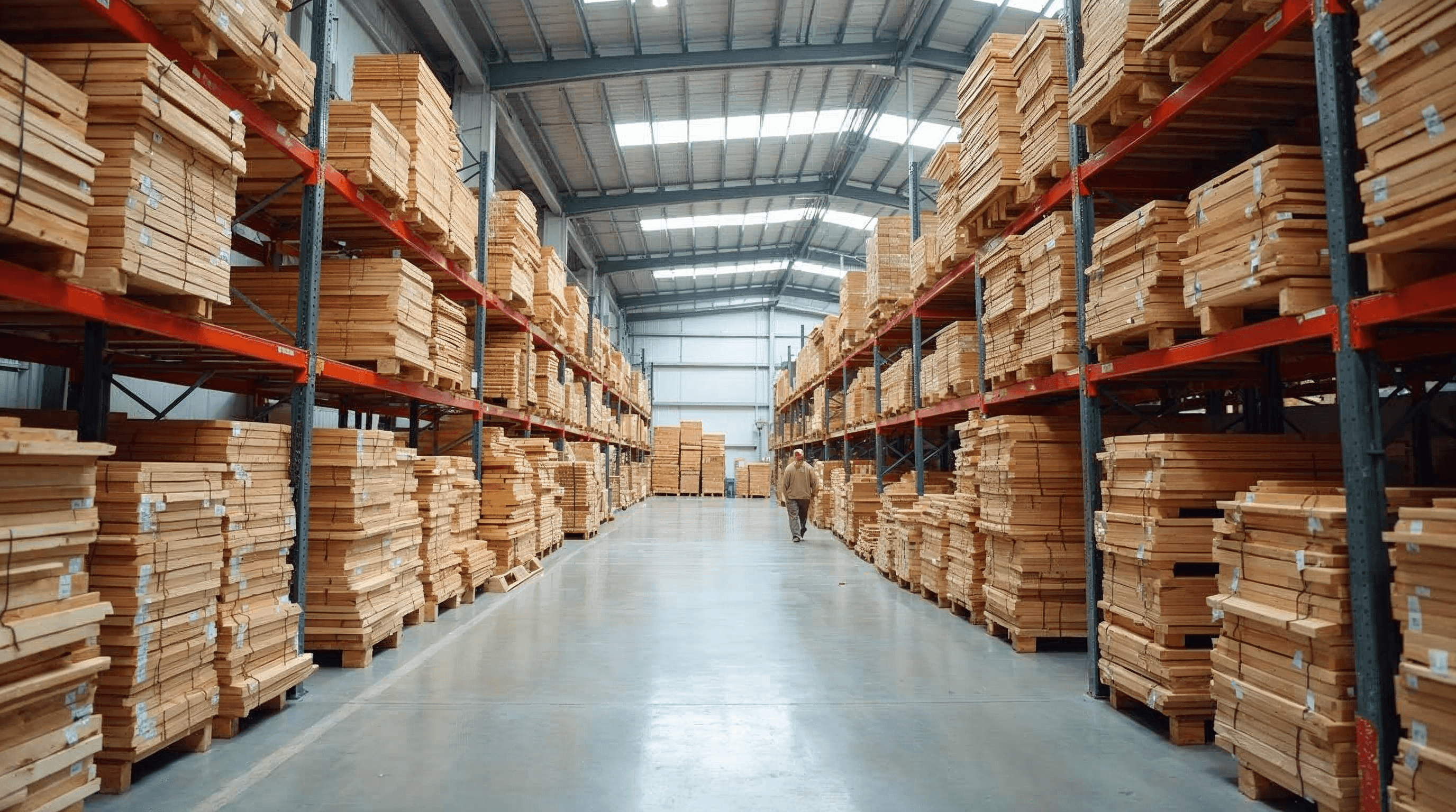 Framing lumber stacked in a building supply warehouse